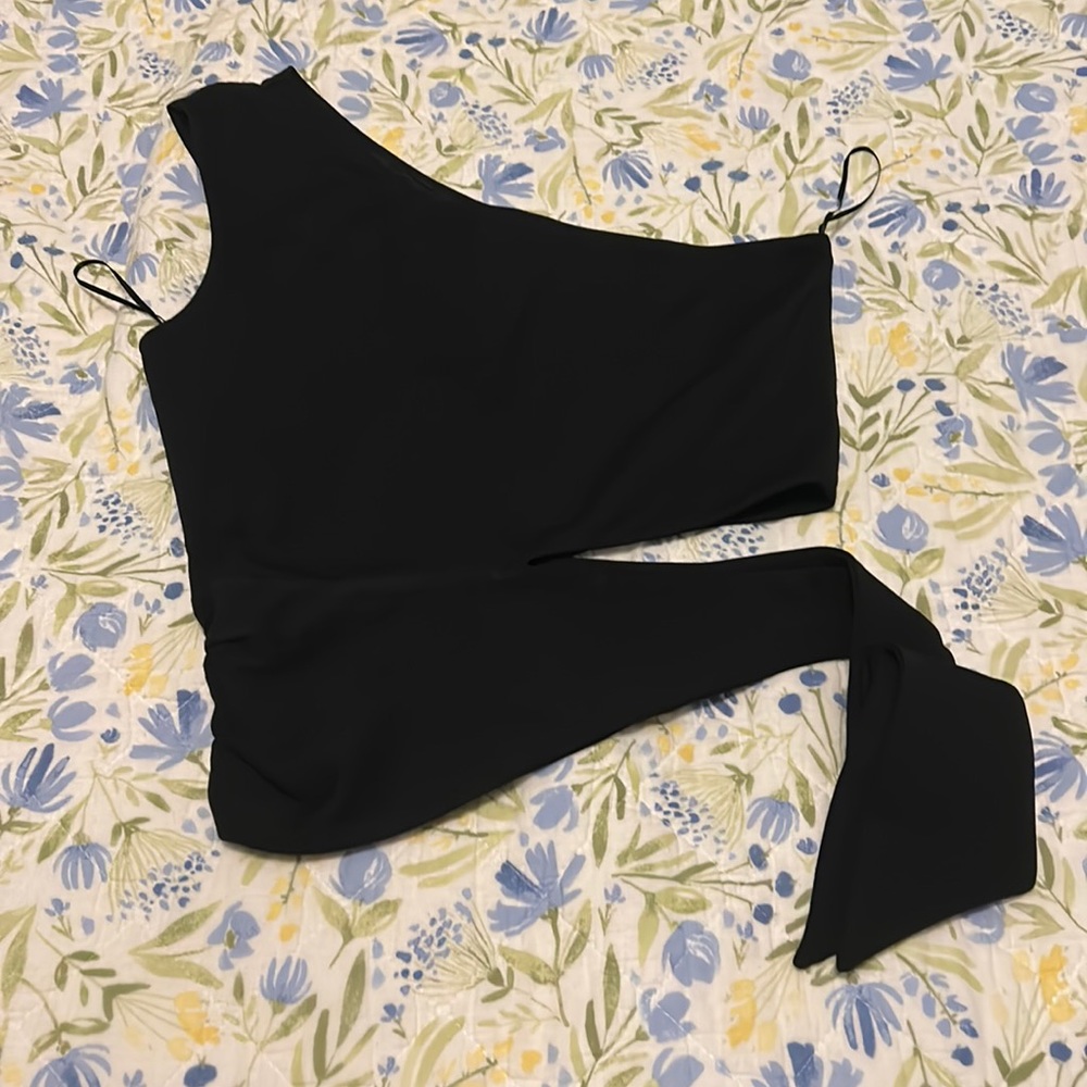 Express one shoulder cut out tie waist, black shirt